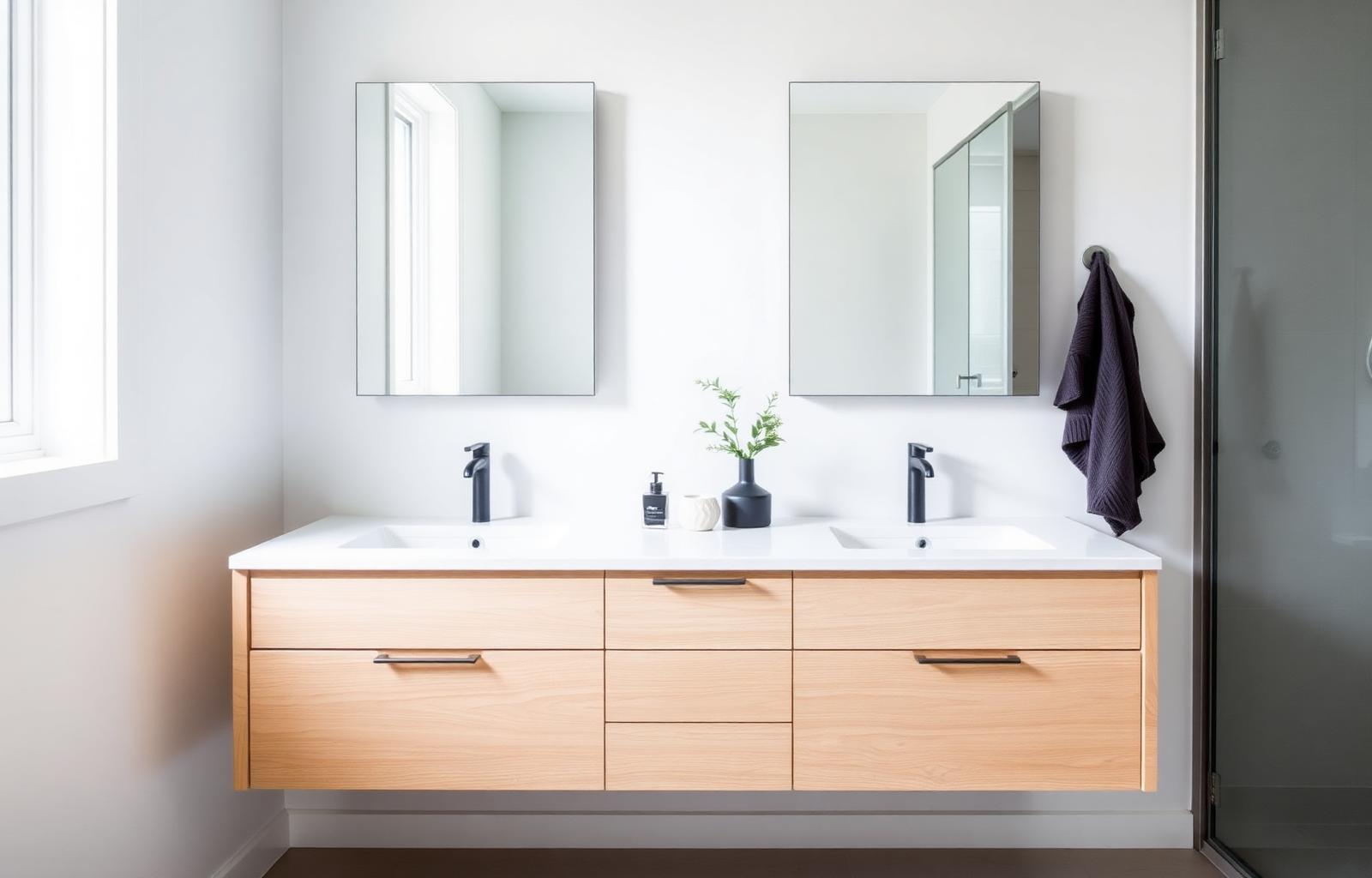 A floating white oak double vanity with a quartz top and matte black faucets in a finished Ottawa bathroom