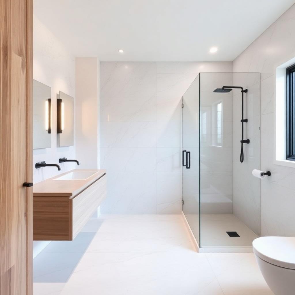 Renovated Ottawa bathroom with walk-in glass shower and floating vanity